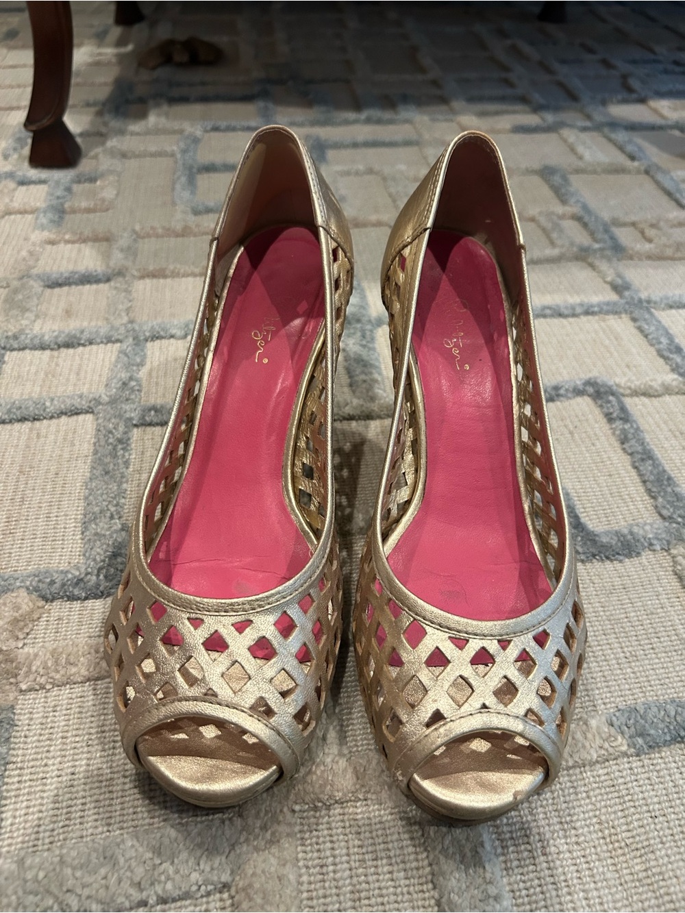 Lilly Pulitzer Gold Peep-Toe Wedges with Pink Insole
